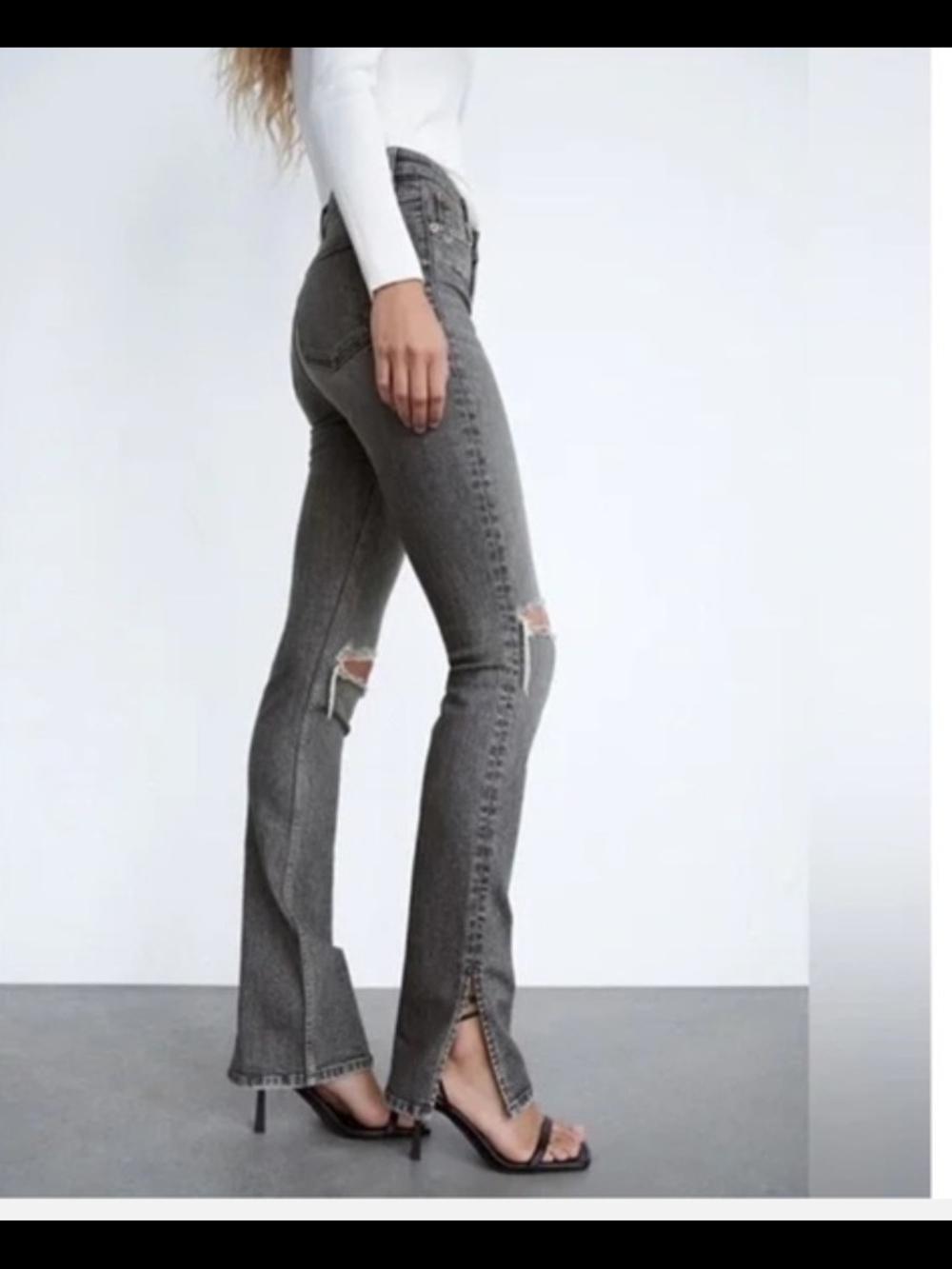 Zara Gray High-Rise Slim Flare Jeans with Knee Rips
